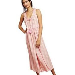 Anthropologie Wide Leg Jumpsuit Milkmaid Romantic Pink Stripe Button Ruffle Top